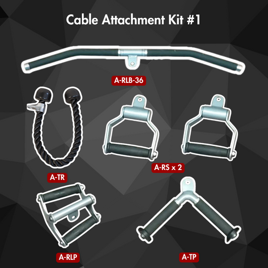 Base Cable Attachment Kit - 1 - Triceps Rope 1 - 36" Rotating Lat Bar 2 - Rotating Single Handles 1 - Rotating Low Pulley Bar 1 - Triceps Press-Down Bar