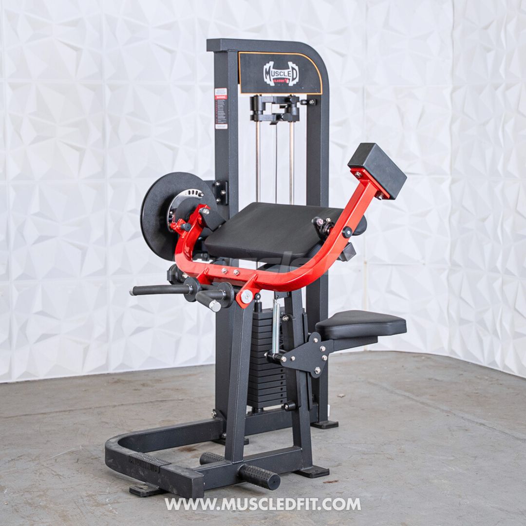 Classic V2 Biceps/Triceps machine with red and black design on a light gray floor and white textured wall background.