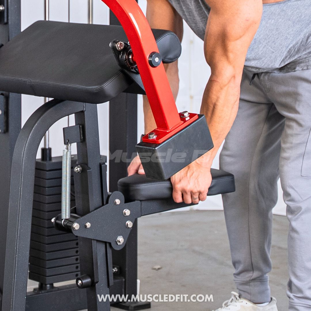 Person using a Classic V2 Biceps/Triceps machine with visible branding on a blurred background