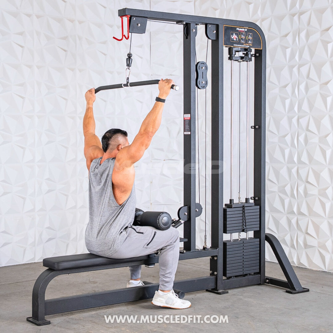 Man exercising on a Classic V2 Lat Pulldown Low Row Combo machine in a gym setting