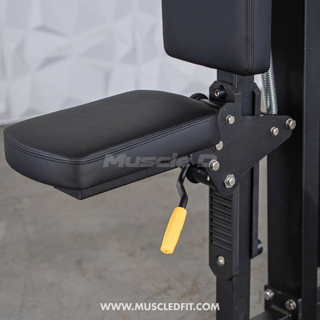 Classic V2 Pec/Rear Delt Combo seat with yellow adjustment knob on a gray background, featuring the 'Muscle D' brand.
