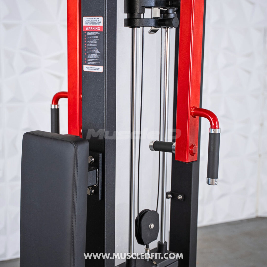 Classic V2 Pec/Rear Delt Combo machine with red and black design on a white background, featuring the brand 'Muscle Fit'.