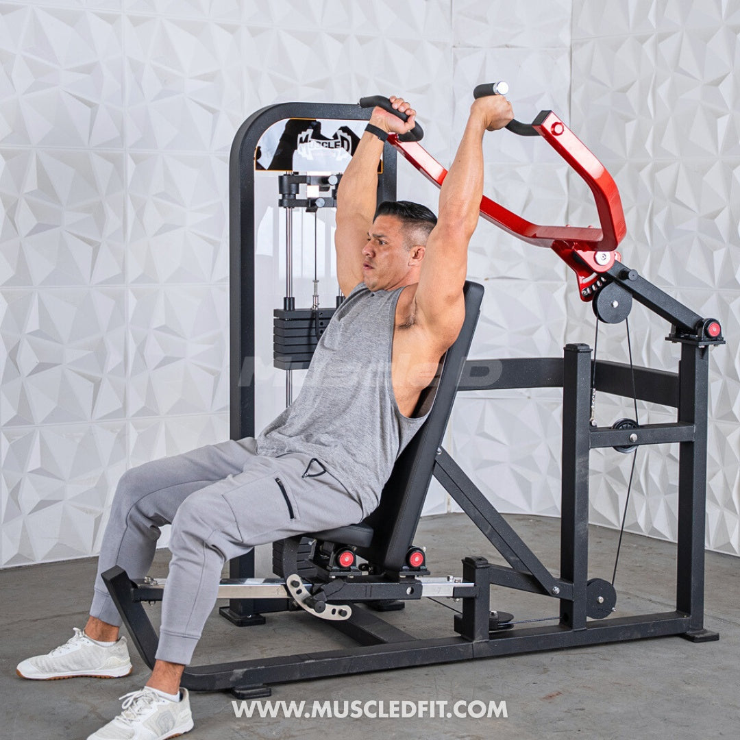 Man exercising on a Classic V2 Selectorized Multi-Press Chest & Shoulder Press machine in a gym setting