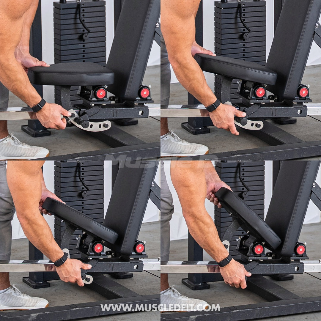 Person using a Classic V2 Selectorized Multi-Press Chest & Shoulder Press machine with close-up of hands adjusting components, featuring MuscleDeit branding.