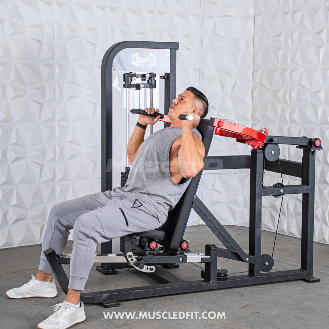 Man exercising on a Classic V2 Selectorized Multi-Press Chest & Shoulder Press machine in a gym setting