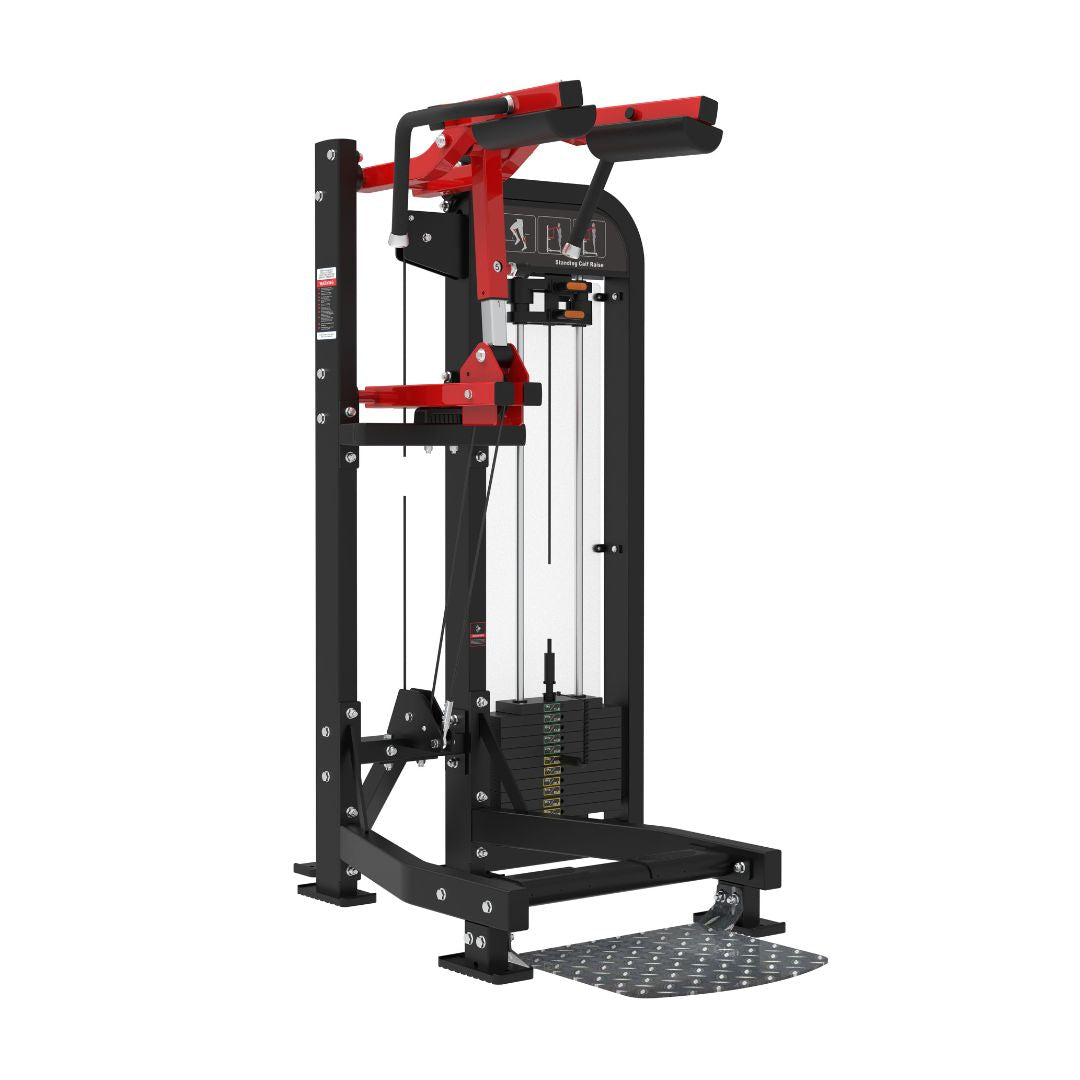 Classic V2 Selectorized Standing Calf Raise machine with red and black design on a white background
