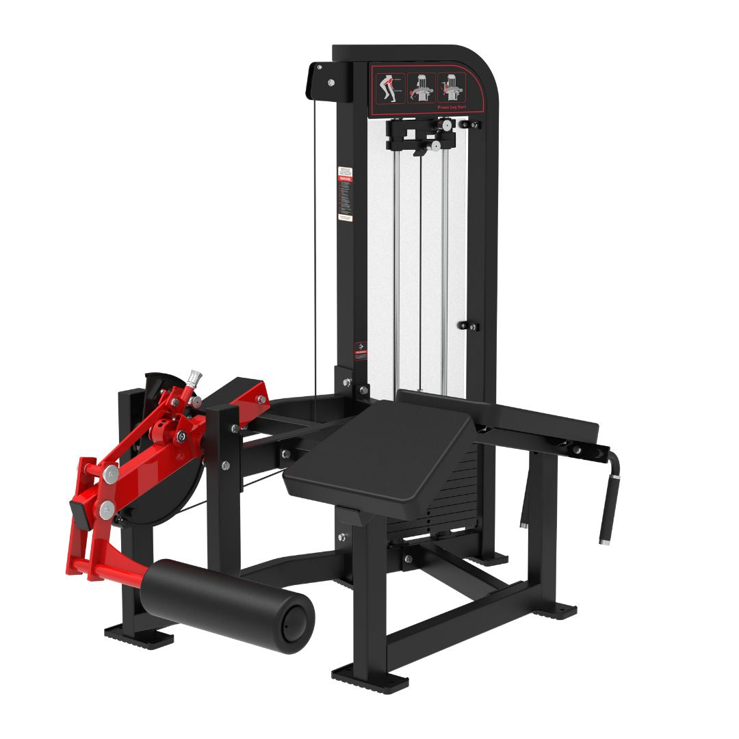 Selectorized Prone Leg Curl with red and black components on a white background