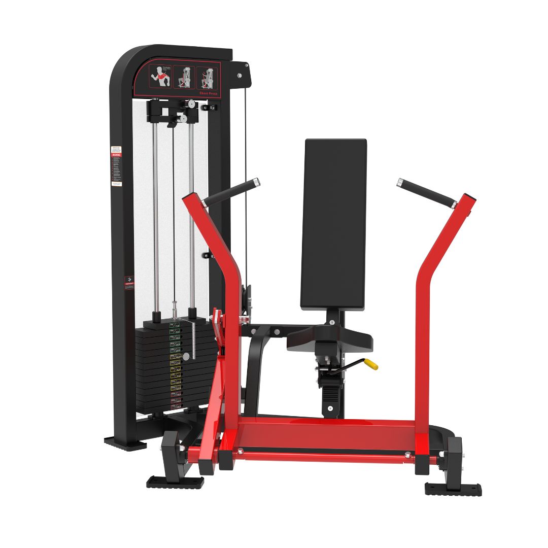 Red and black Classic V2 Selectorized Chest Press machine on a white background