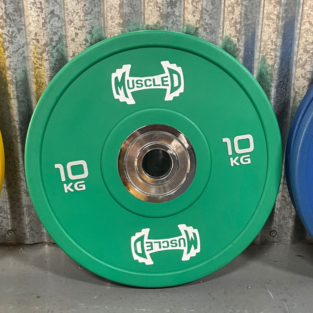 green color urethane bumper plate ten kg with muscle d logo