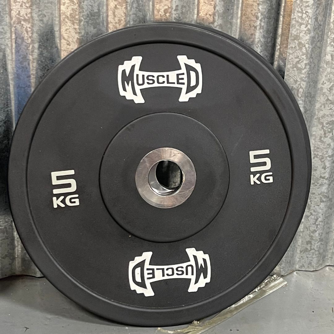 black color urethane bumper plate five kg with muscle d logo