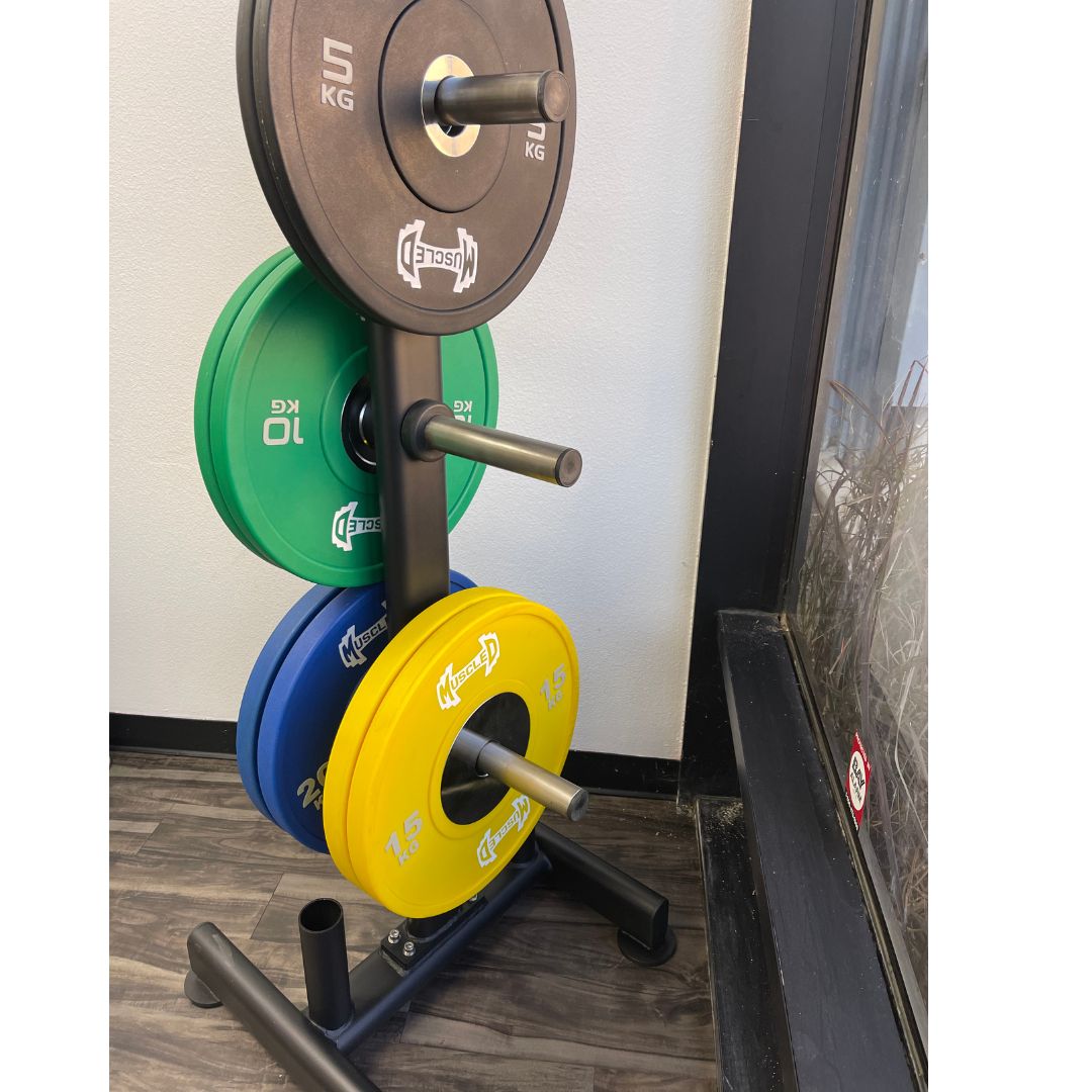 colored urethane bumper plates with muscle d logo