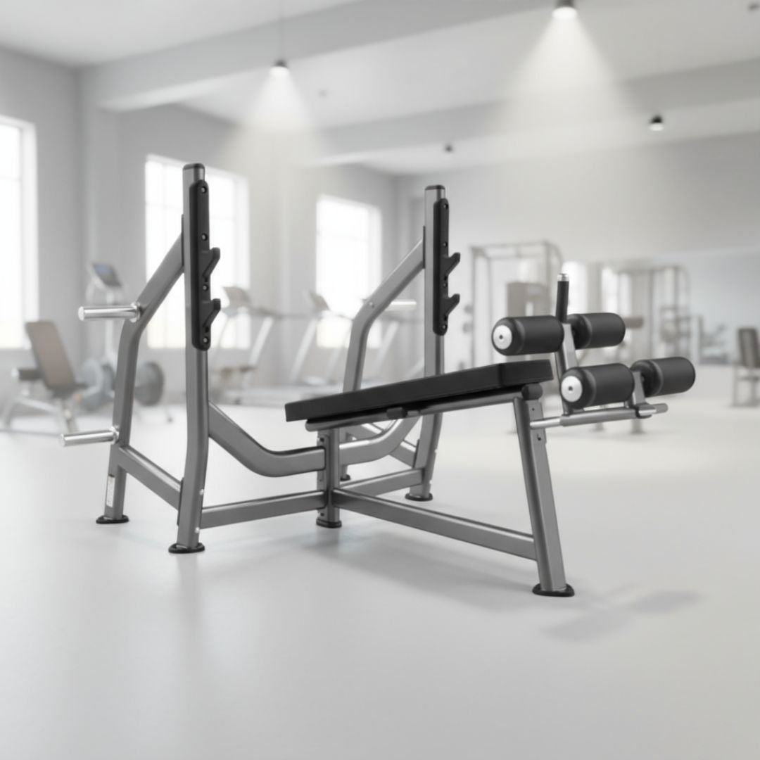 Decline Bench - Olympic - Muscle D Fitness - Padded Foot Rollers - Plate Storage