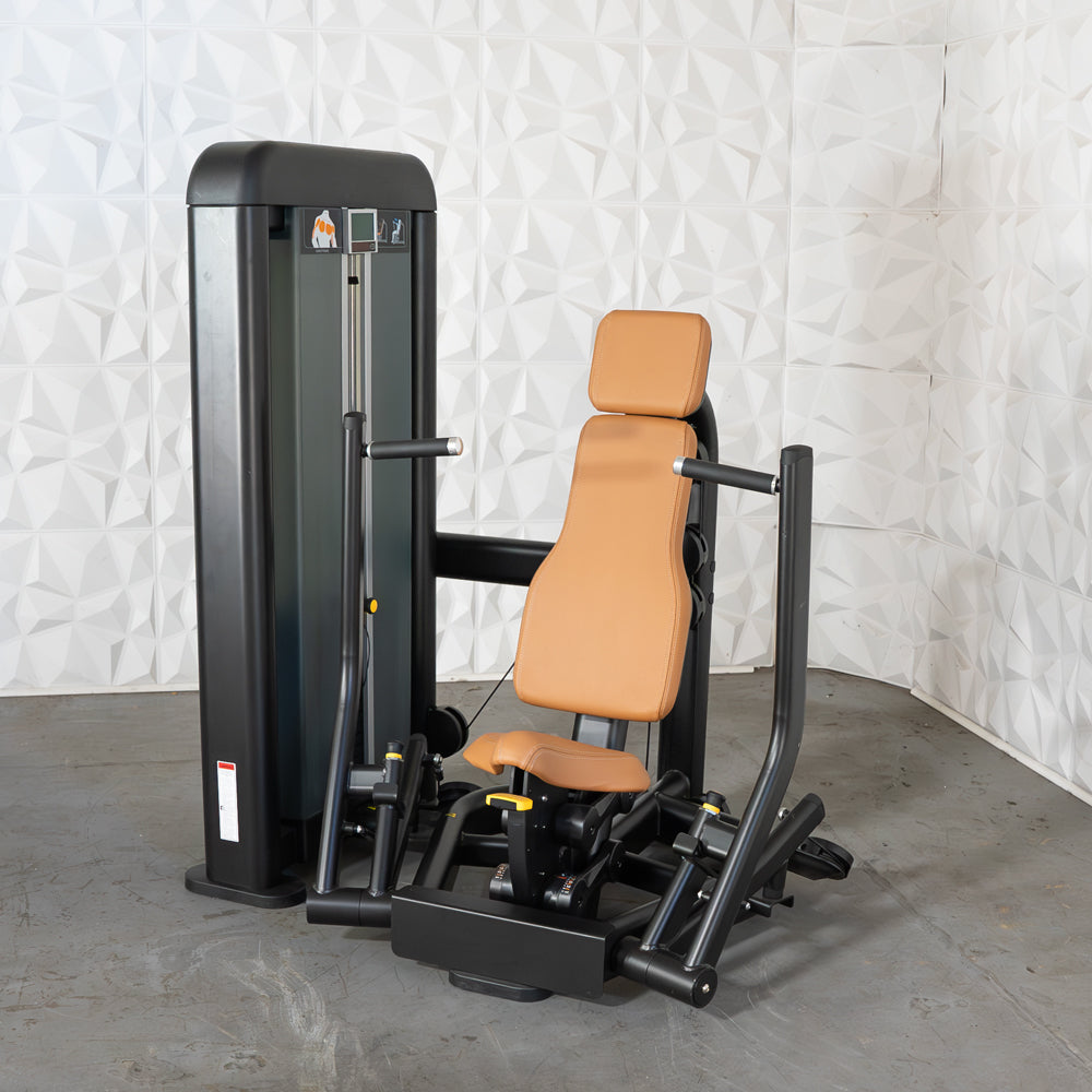 commercial black and dark grey selectorized chest press machine