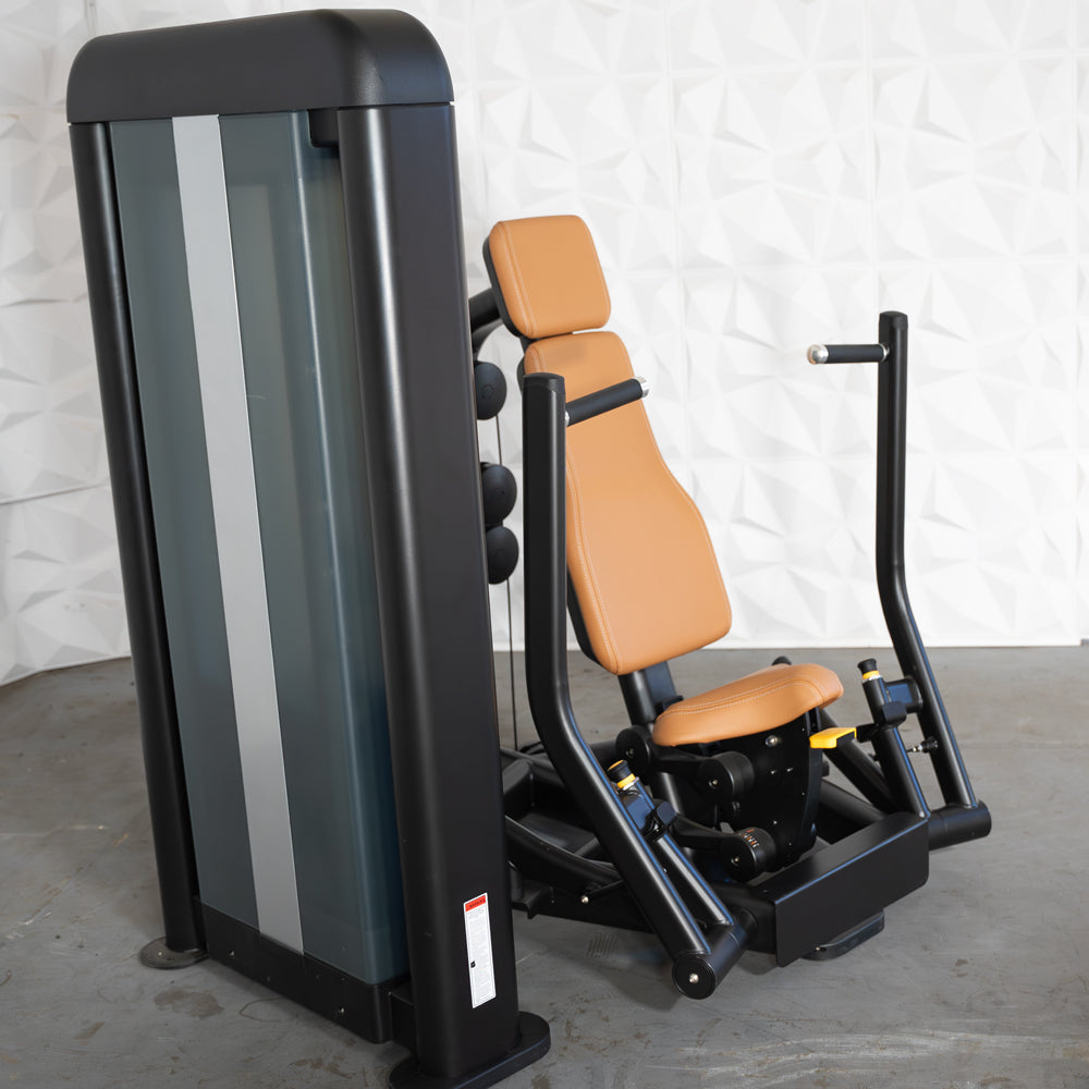 commercial black and dark grey selectorized chest press machine