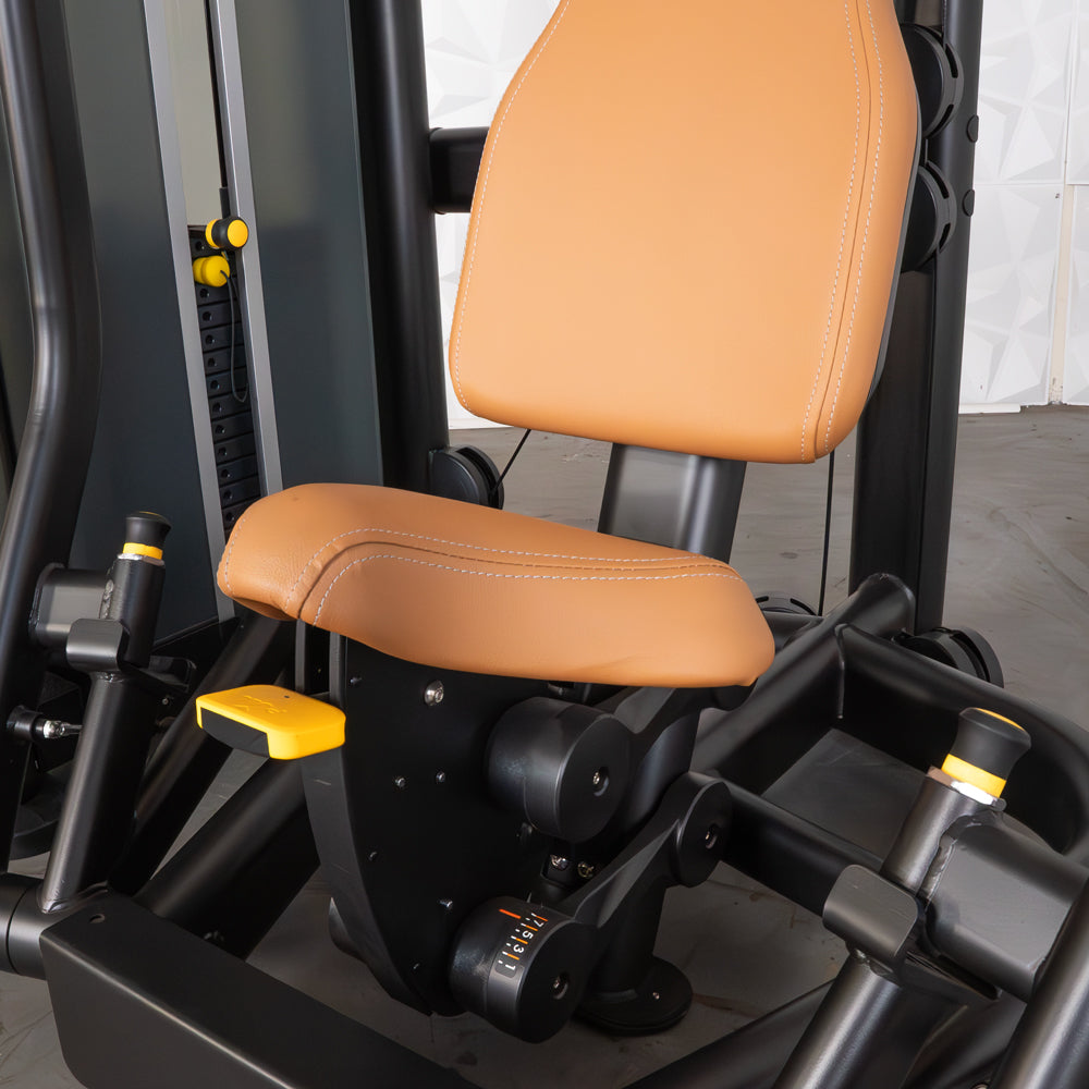 commercial black and dark grey selectorized chest press machine detail