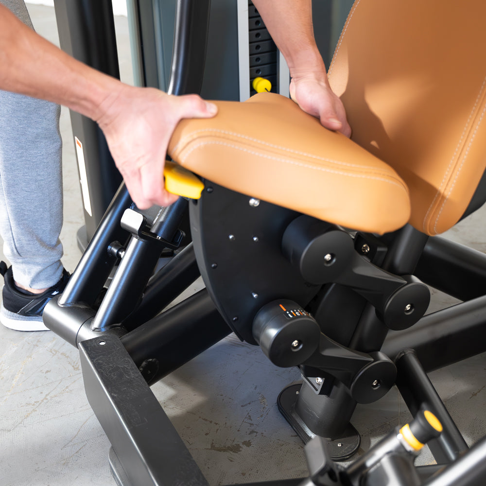commercial black and dark grey selectorized chest press machine detail
