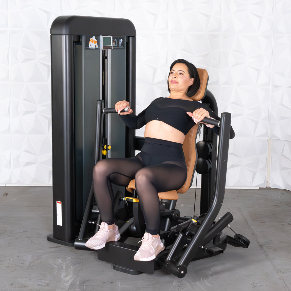 commercial black and dark grey selectorized chest press machine