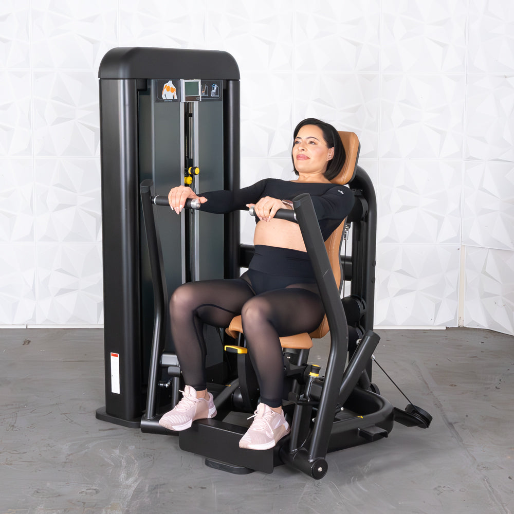 commercial black and dark grey selectorized chest press machine