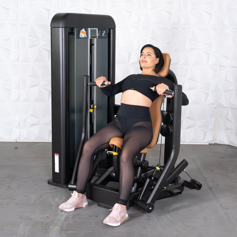 commercial black and dark grey selectorized chest press machine