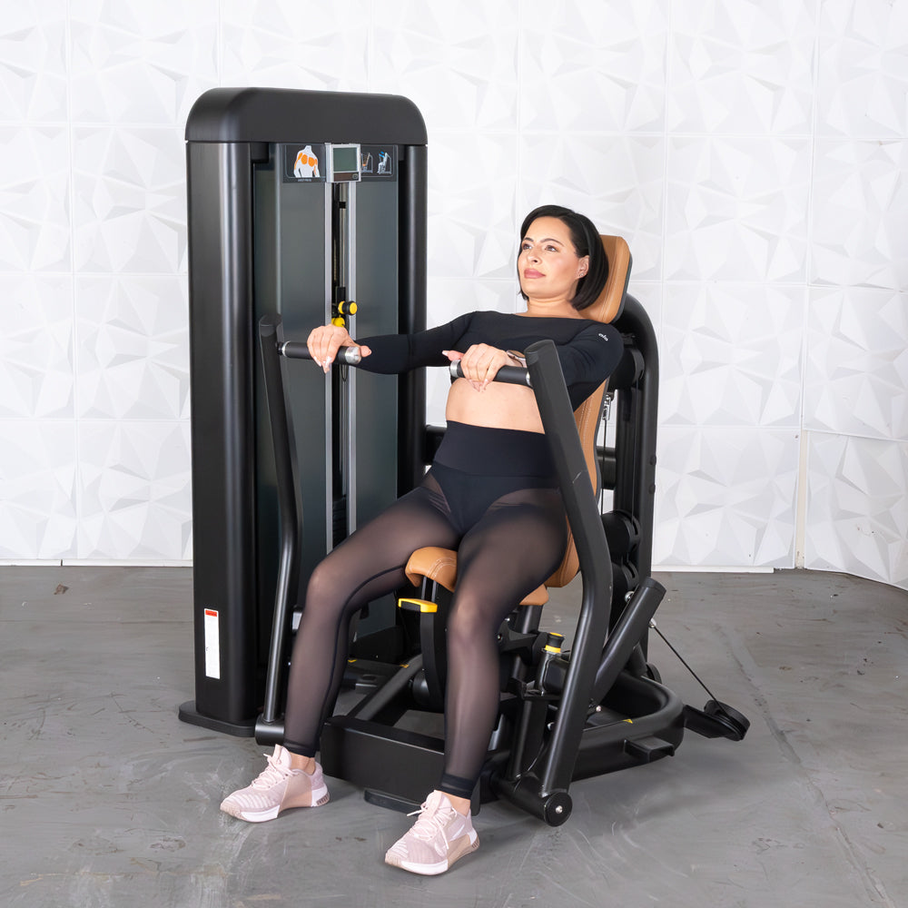 commercial black and dark grey selectorized chest press machine