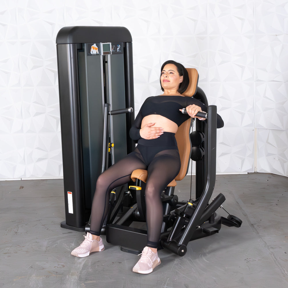 commercial black and dark grey selectorized chest press machine
