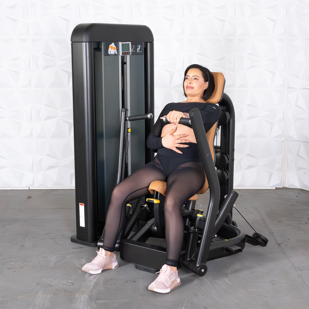 commercial black and dark grey selectorized chest press machine