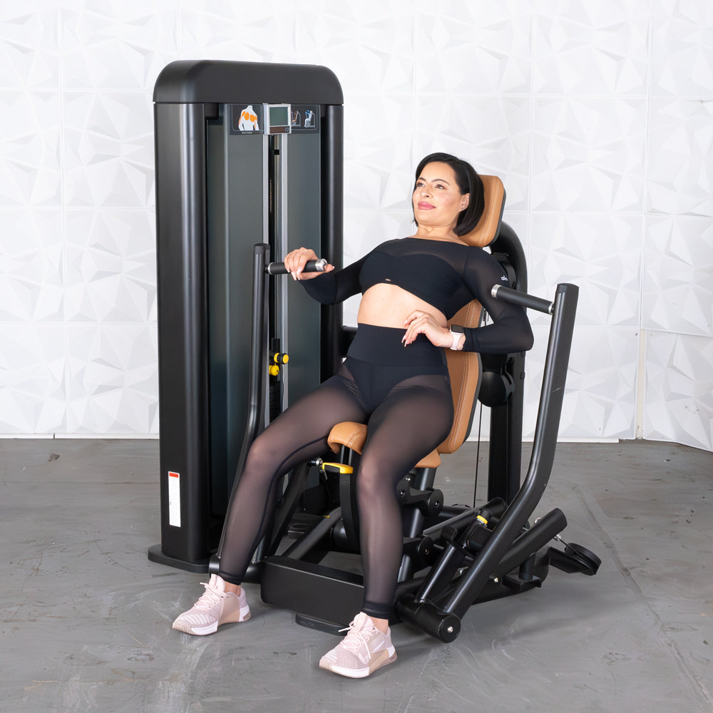 commercial black and dark grey selectorized chest press machine