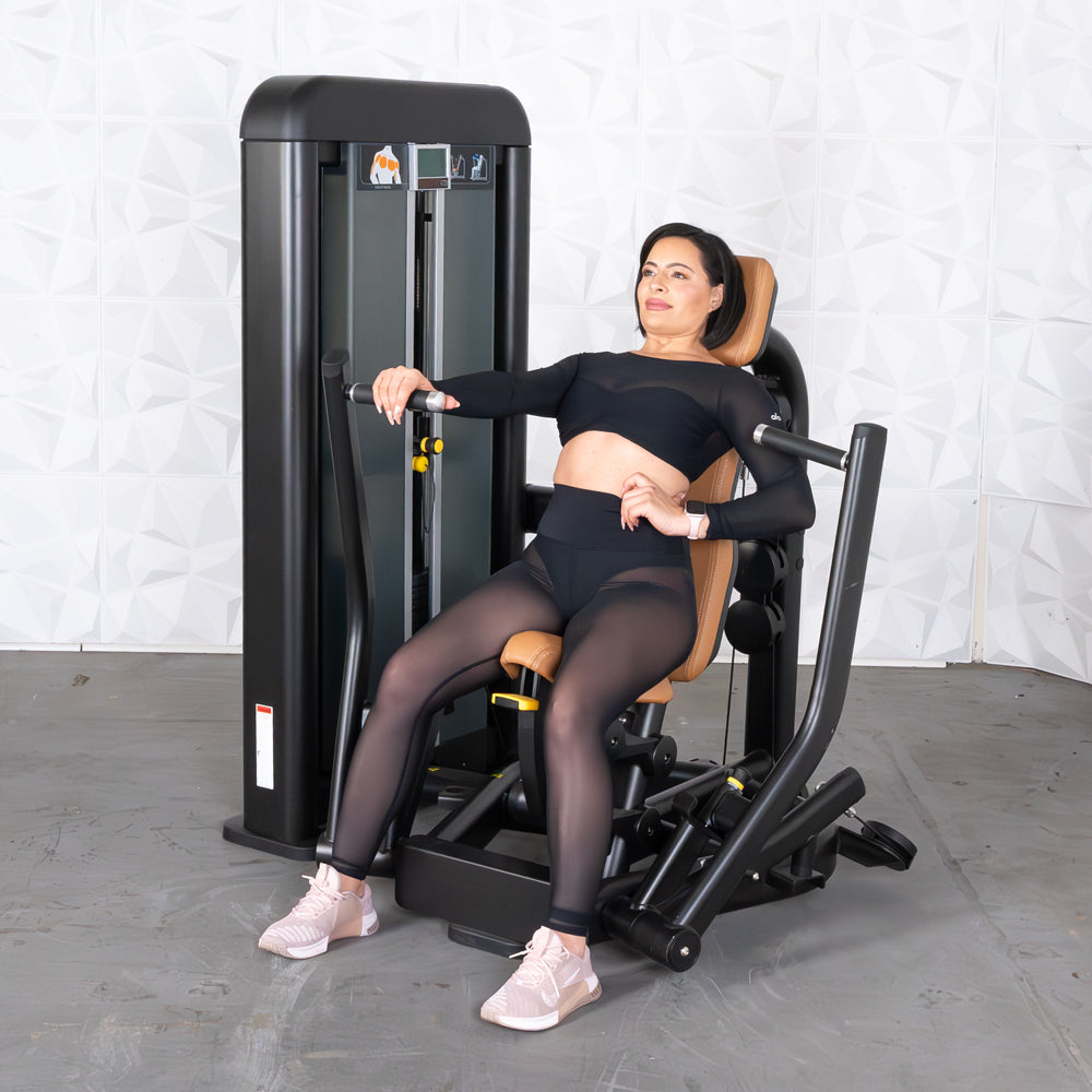 commercial black and dark grey selectorized chest press machine