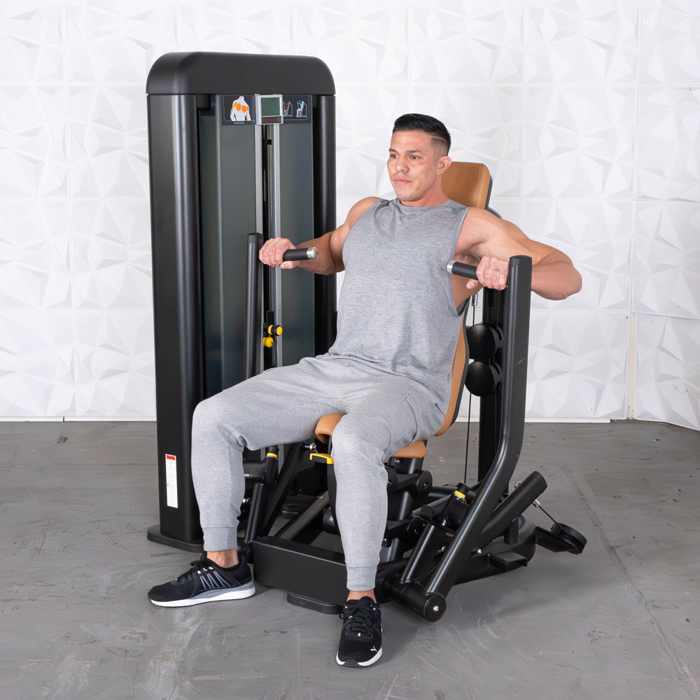 commercial black and dark grey selectorized chest press machine