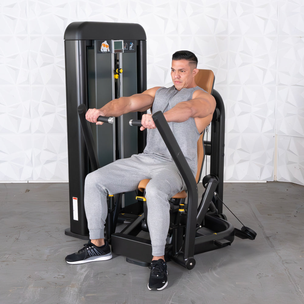 commercial black and dark grey selectorized chest press machine