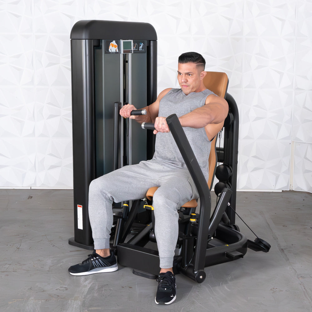 commercial black and dark grey selectorized chest press machine