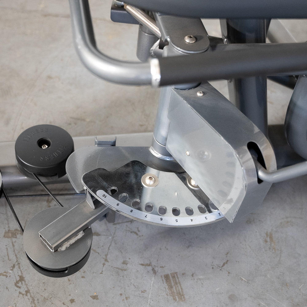 commercial black and dark grey selectorized inner outer thigh combo machine details