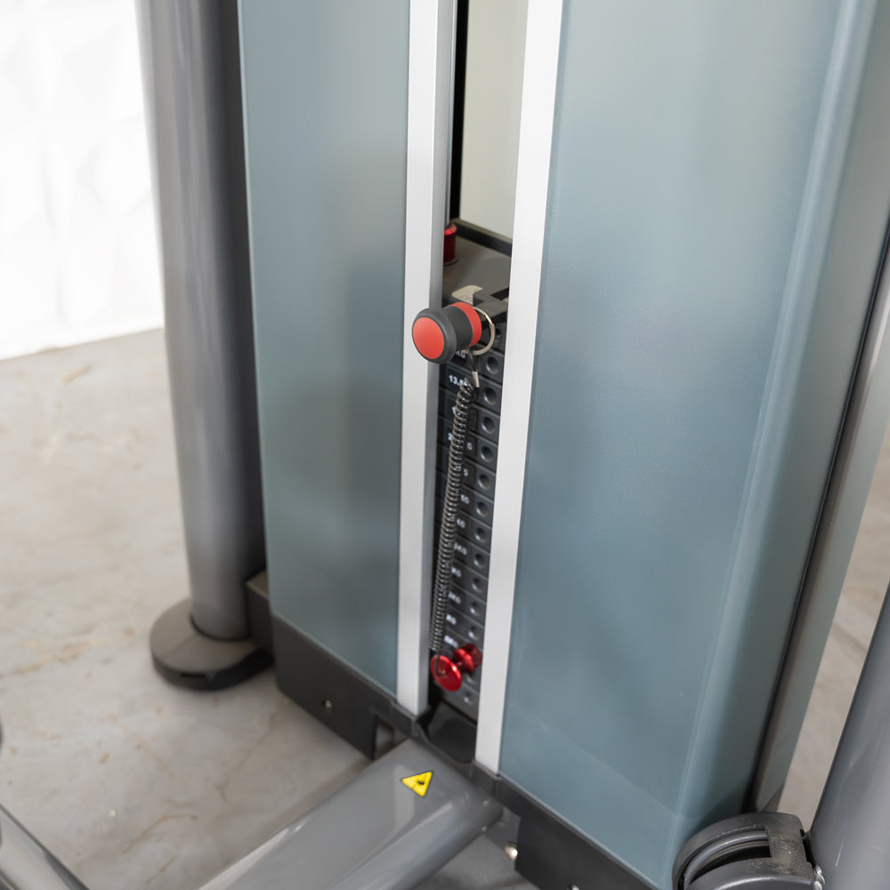 commercial black and dark grey selectorized inner outer thigh combo machine details