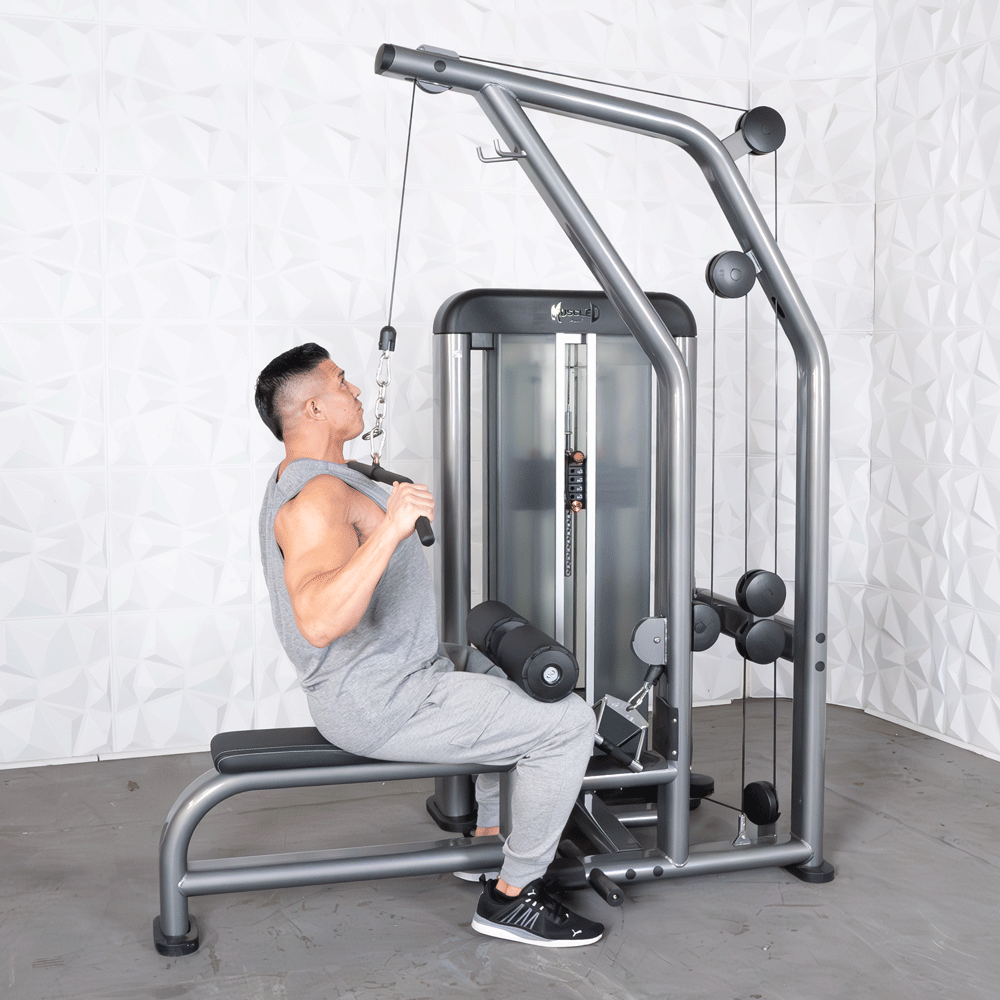 commercial black and dark grey selectorized lat low row combo machine