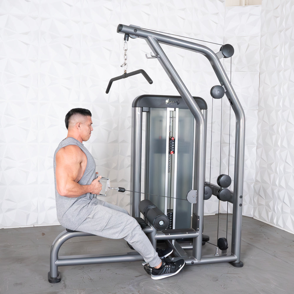 commercial black and dark grey selectorized lat low row combo machine