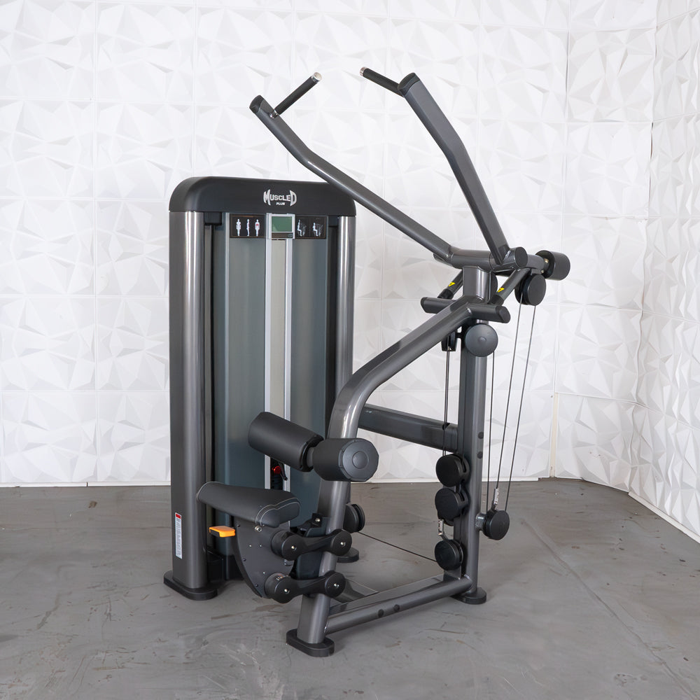commercial black and dark grey selectorized lat pulldown machine