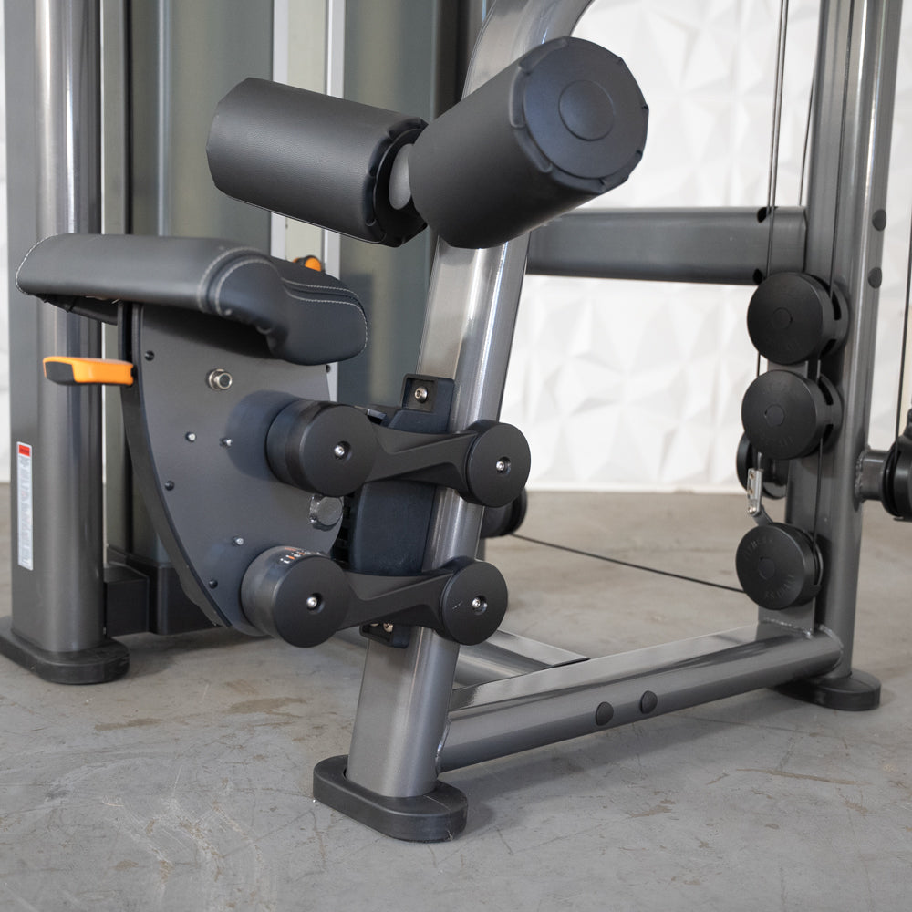 commercial black and dark grey selectorized lat pulldown machine detail