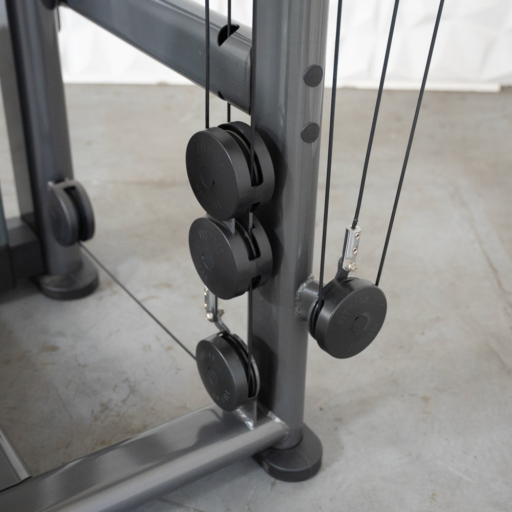 commercial black and dark grey selectorized lat pulldown machine detail