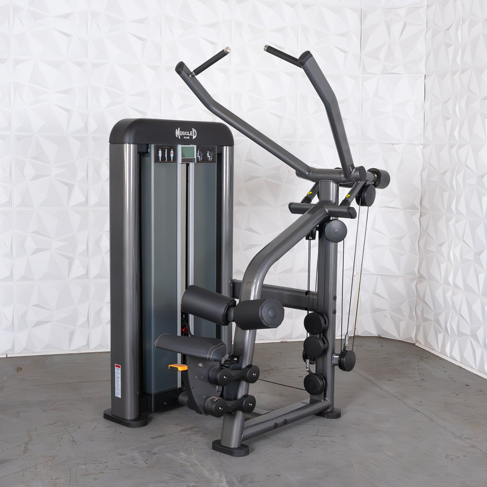 commercial black and dark grey selectorized lat pulldown machine