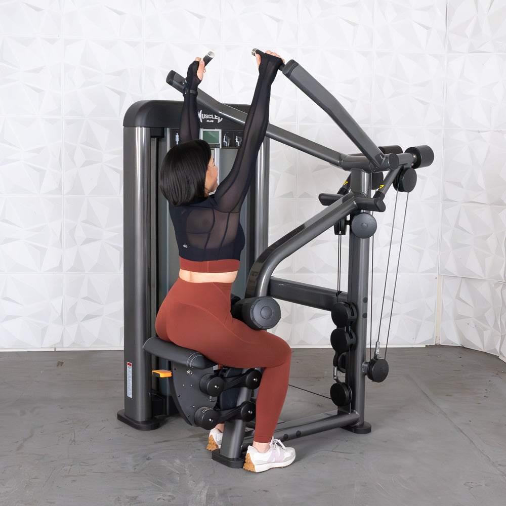 commercial black and dark grey selectorized lat pulldown machine