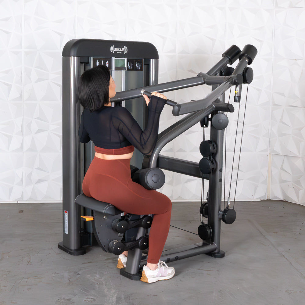 commercial black and dark grey selectorized lat pulldown machine