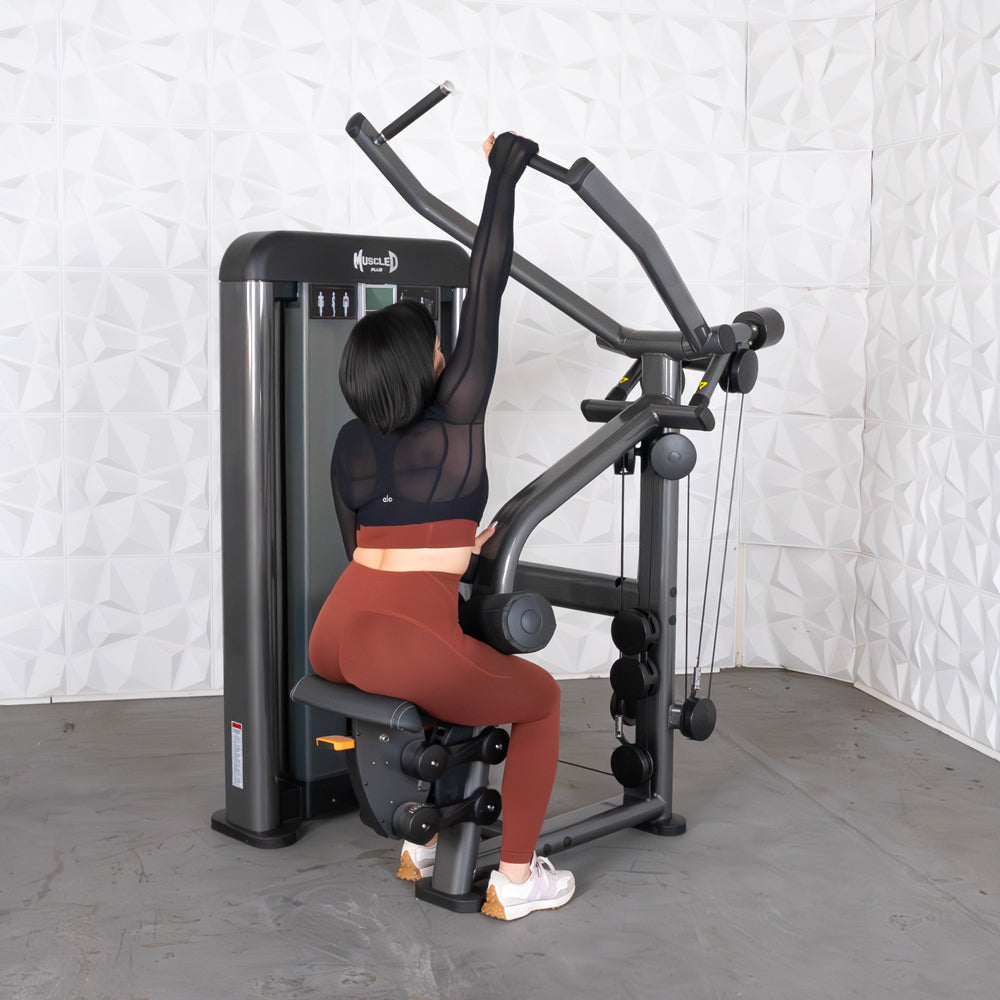 commercial black and dark grey selectorized lat pulldown machine