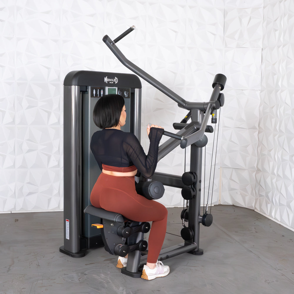 commercial black and dark grey selectorized lat pulldown machine