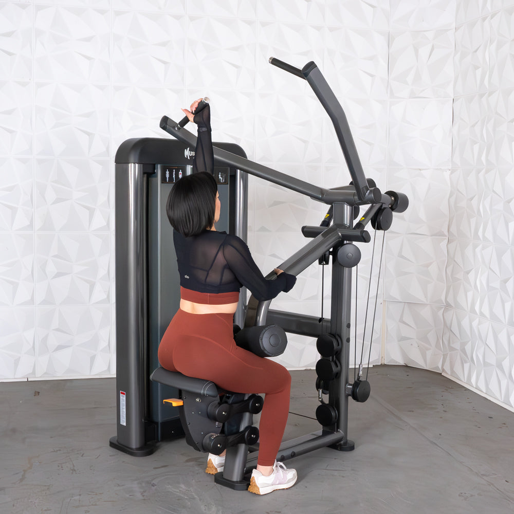 commercial black and dark grey selectorized lat pulldown machine