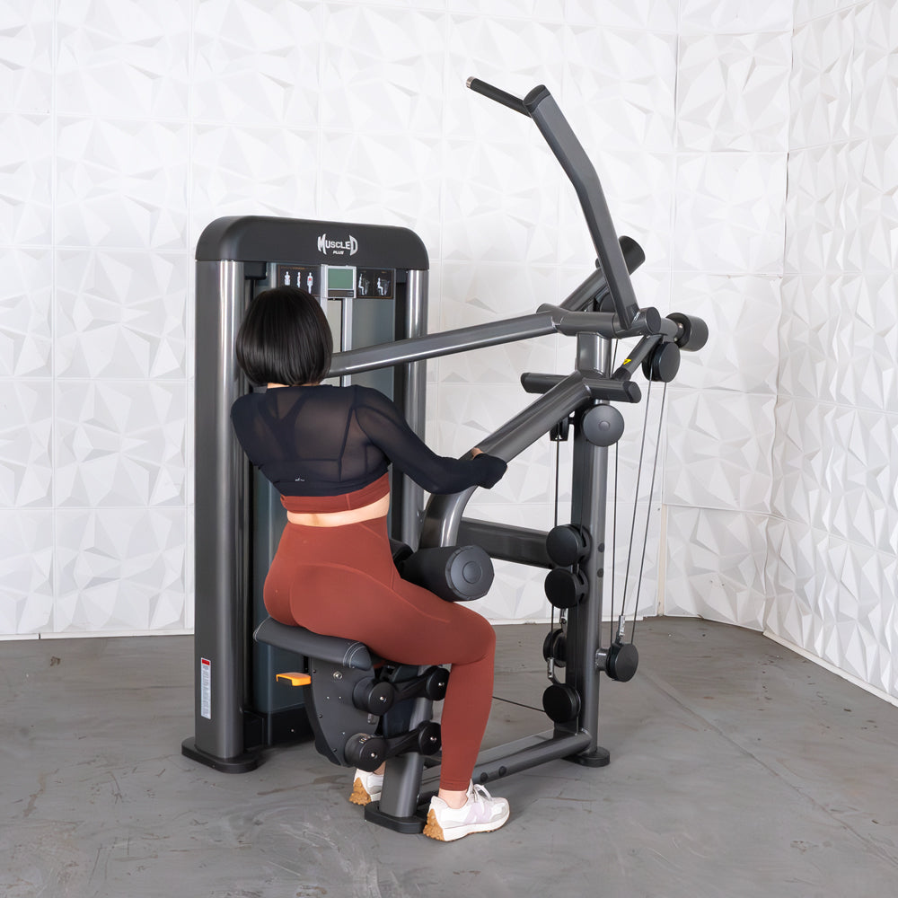 commercial black and dark grey selectorized lat pulldown machine