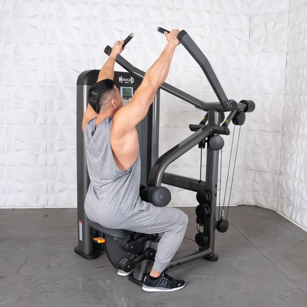 commercial black and dark grey selectorized lat pulldown machine