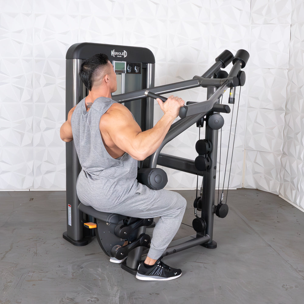 commercial black and dark grey selectorized lat pulldown machine