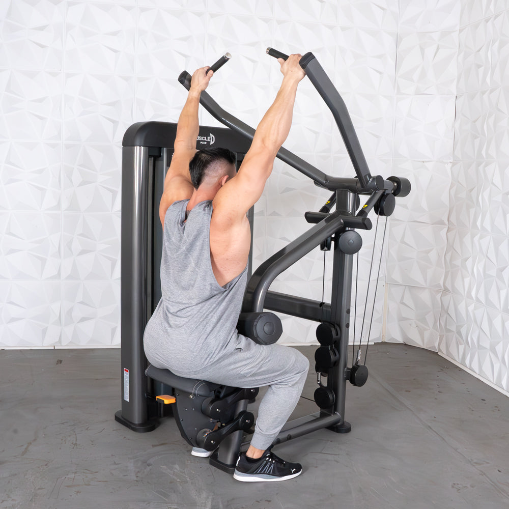 commercial black and dark grey selectorized lat pulldown machine
