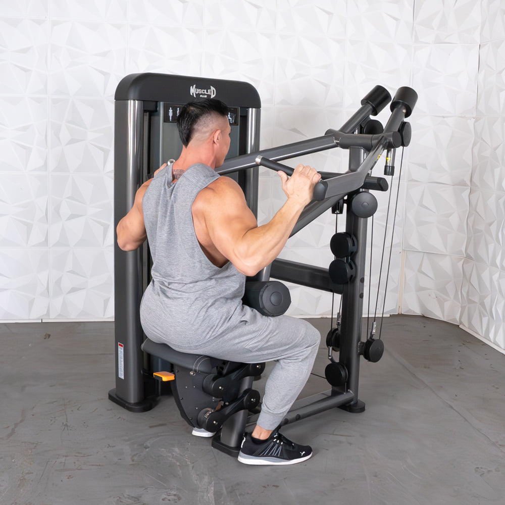 commercial black and dark grey selectorized lat pulldown machine
