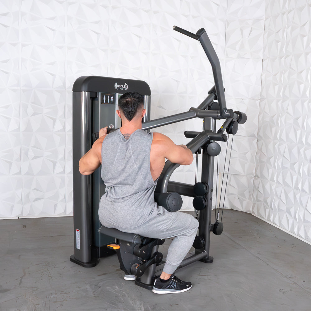 commercial black and dark grey selectorized lat pulldown machine
